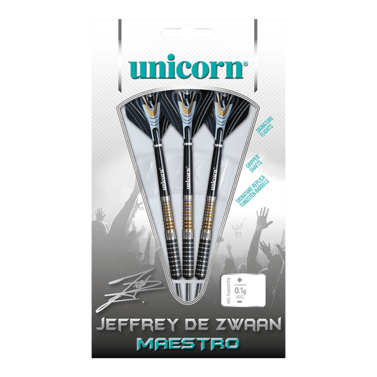 Unicorn Maestro Jeffrey De Zwaan Phase 3 steel darts Das Bild zeigt eine Verpackung mit drei Steeldarts der Marke Unicorn, Modell „Jeffrey De Zwaan Maestro“. Die Darts sind in einer transparenten Blisterverpackung sichtbar und auf der Verpackung steht der Name des Produkts.