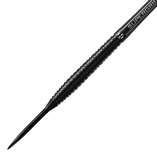 Harrows NX90 Black Edition steel darts Das Bild zeigt einen Harrows NX90 Black-Edition Steeldart. Der Dartpfeil ist komplett schwarz und hat eine geriffelte Griffzone für besseren Halt.
