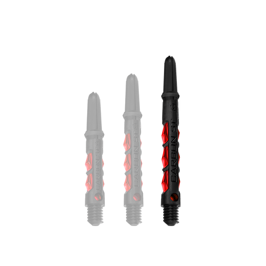 Das Bild zeigt drei Harrows Carbon ST Shafts in der Farbe Rot. Die Dartschäfte bestehen aus schwarzem Material mit roten Akzenten und unterscheiden sich in der Länge.