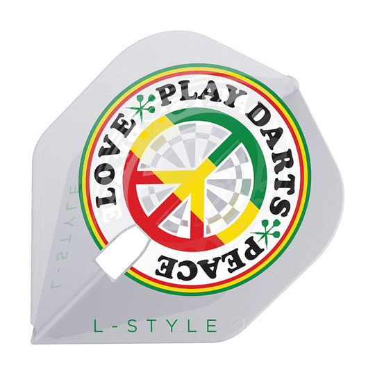 L-Style Deta Hedman V4 Clear White L1PRO Flights Das Bild zeigt einen weißen Dartflight mit einem farbenfrohen Kreisdesign und der Aufschrift "LOVE PEACE PLAY DARTS". Unten steht in grüner Schrift "L-STYLE".