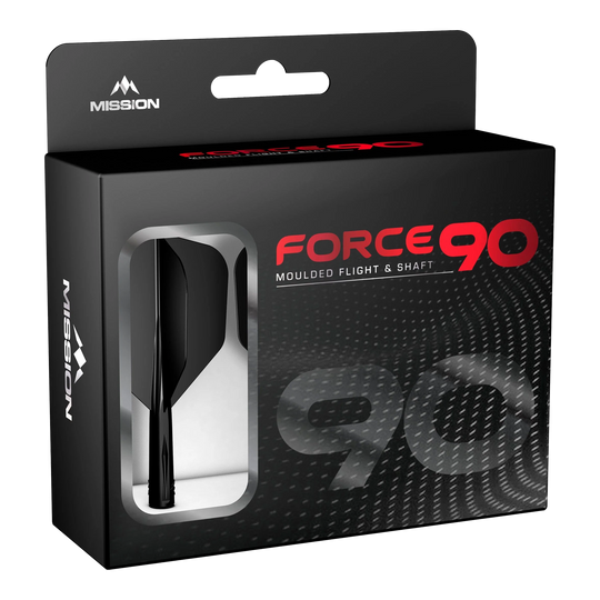 Mission Force 90 No6 Flight Shaft System - Black Die Abbildung zeigt die Verpackung des Produkts "Mission Force 90 No6 Flight-Shaft-System - Schwarz". In der Box befindet sich ein schwarzes Flight- und Shaft-System für Darts.
