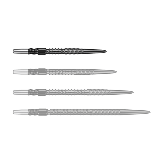 Target Swiss Firepoint Black dart tips Auf dem Bild sind vier schwarze Dartspitzen in einer Reihe zu sehen. Sie sind aus Metall und haben ein modernes, gerilltes Design.