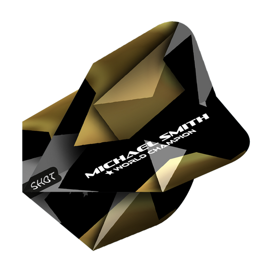 Das Bild zeigt den Shot Michael Smith Believe No6 Flight mit einem schwarzen und goldenen geometrischen Design. Auf dem Flight steht in weißer Schrift „MICHAEL SMITH ★ WORLD CHAMPION“.