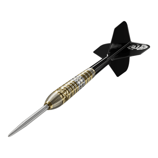 Target Japan Hot Shot GEN2 steel darts - 23g Das Bild zeigt einen Target Japan Hot Shot GEN2 Steeldart mit einem Gewicht von 23g. Der Dart hat einen metallischen, geriffelten Griffbereich und schwarze Flights.