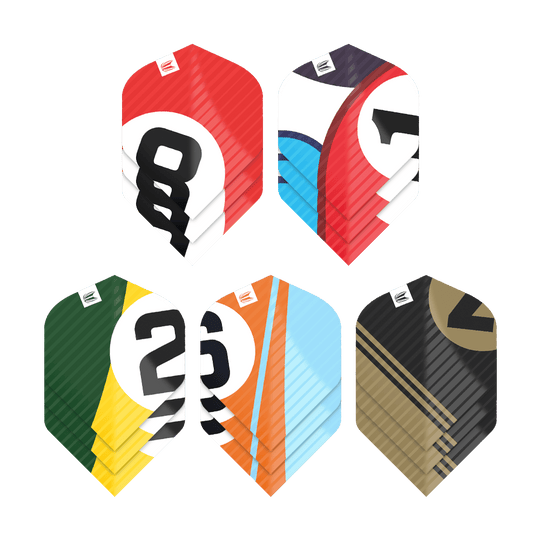 Das Bild zeigt fünf verschiedene Sets von Dart-Flights in bunten Farben und mit großen Zahlen. Jedes Set hat ein einzigartiges Design und verschiedene Farbkombinationen.