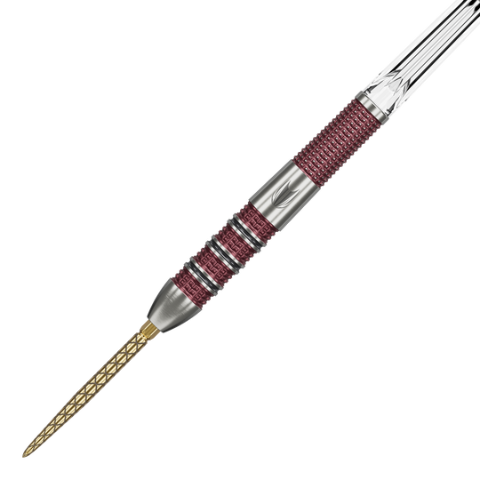 Target Stephen Bunting 95K Swiss Point Steel Darts Dies ist ein Target Stephen Bunting 95K Swiss Point Steeldart. Der Dartpfeil hat eine silberne und rote Griffzone sowie eine goldfarbene Spitze.