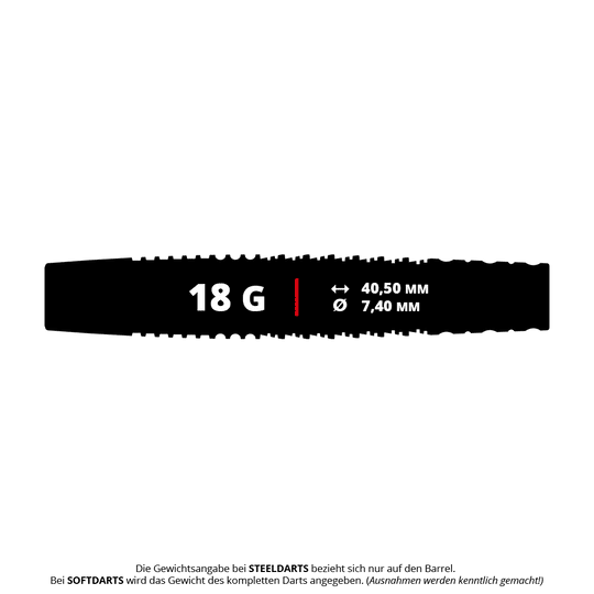 Das Bild zeigt das Produkt "Target Scott Williams GEN2 Softdarts - 18g". Die Maße des Darts sind 40,50 mm Länge und 7,40 mm Durchmesser.