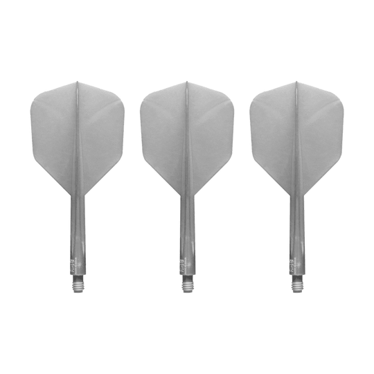 Das Bild zeigt drei silberne Dartflights mit Schäften der Marke Condor AXE Metallic Flight-System Pearl Silver in der Größe Small. Die Flights sind nebeneinander auf weißem Hintergrund angeordnet.