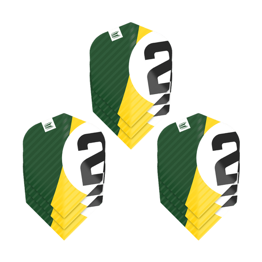 Das Bild zeigt drei Sätze der Target Pro Ultra Chicane Green No6 Flights. Die Flights sind grün, gelb und weiß mit einer schwarzen Zahl "2" darauf.