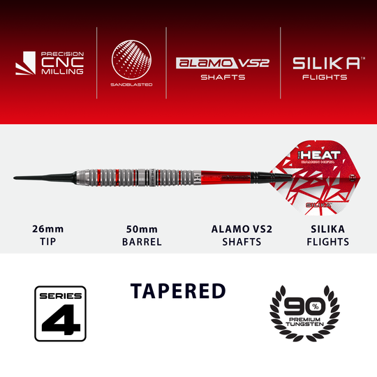 Das Bild zeigt die Harrows Damon Heta Series 4 Softdarts. Diese Softdarts sind für Fans und Spieler von hoher Qualität.