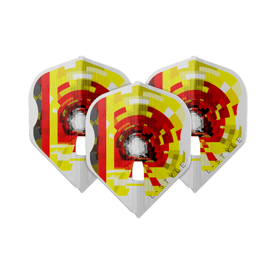 Das Bild zeigt die L-Style Kai Gotthardt V1 White KAMI L1PRO Flights. Es handelt sich um spezielle Dart-Flights in Weiß.