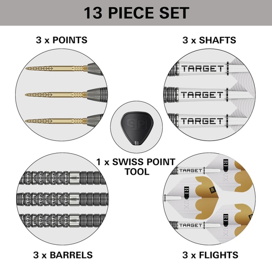 Target Redux 01 Swiss Point steel darts Das Bild stellt die Target Redux 01 Swiss Point Steeldarts dar. Diese Steeldarts besitzen eine spezielle Swiss Point Spitze.