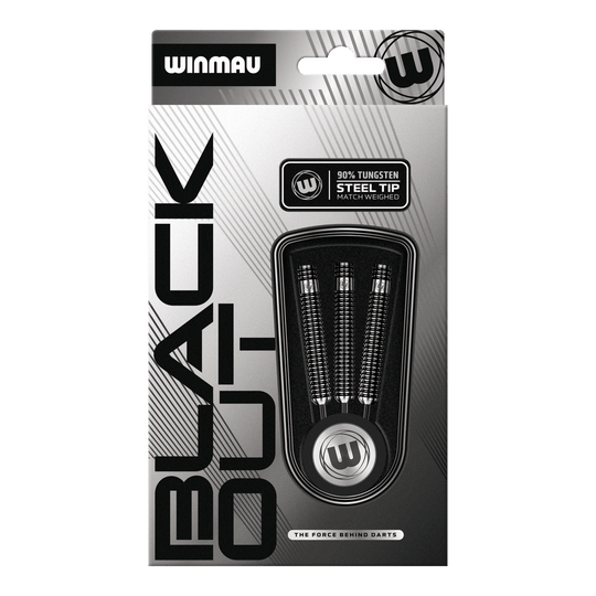Winmau Blackout Variant 1 steel darts Das Bild zeigt die Winmau Blackout Variante 1 Steeldarts. Diese Steeldarts sind aus Tungsten gefertigt und für Präzision entwickelt.