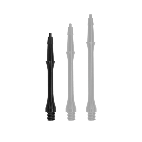 Das Bild zeigt drei schwarze Harrows Clic Slim Shafts für Dartpfeile. Sie sind in verschiedenen Längen angeordnet und haben ein schlankes Design.