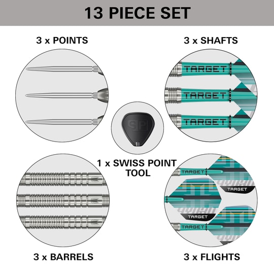 Target Hydro 03 Swiss Point steel darts Zu sehen sind die Target Hydro 03 Swiss Point Steeldarts. Die Steeldarts werden detailliert ausgeleuchtet.
