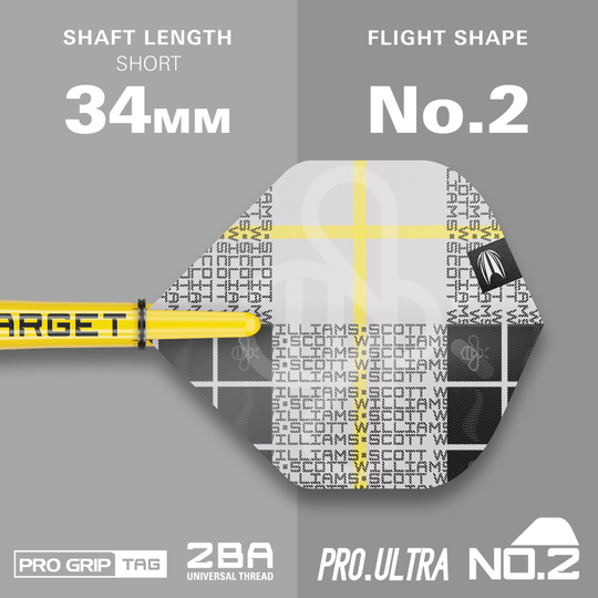 Das Bild zeigt das Produkt "Target Scott Williams GEN2 Softdarts - 18g" mit einem kurzen Schaft von 34 mm. Die Flight-Form ist No. 2 und das Design ist in Gelb, Weiß und Schwarz gehalten.
