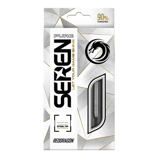 Die Abbildung zeigt die Verpackung der "Red Dragon Seren 2 Pure Steeldarts". Auf der Verpackung steht, dass die Darts aus 90% Tungsten bestehen.