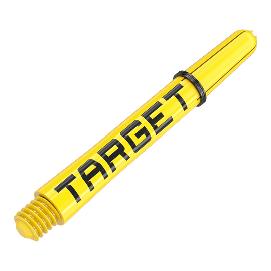 Target Pro Grip TAG Shafts - 3 Sets - Yellow Dies ist ein gelber Dart-Schaft mit dem Schriftzug "TARGET". Der Schaft hat ein schwarzes Gummiband und ein Schraubgewinde am Ende.