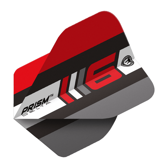 Dies ist ein Winmau Prism Delta Blade 6 B Standard Flight für Darts. Das Design ist überwiegend rot, schwarz und grau mit einem modernen Muster und der Aufschrift "PRISM DELTA" und "6".