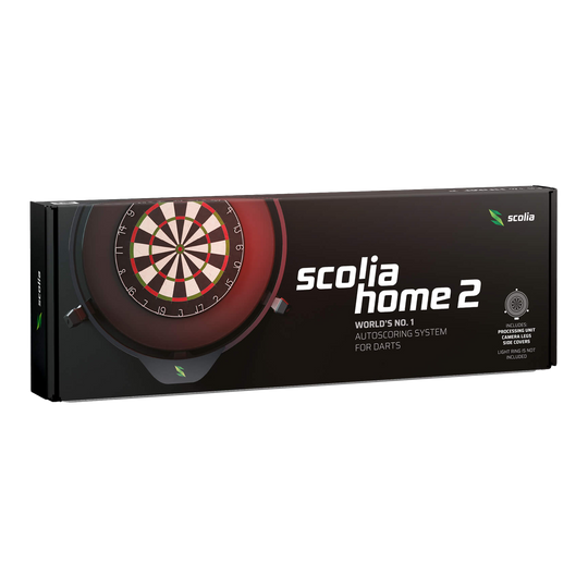 Scolia Home 2 Electronic Autoscoring System 2026 Die Abbildung zeigt die Verpackung des Produkts "Scolia Home 2 Electronic Score System". Es handelt sich um ein automatisches Punktezählsystem für Darts.