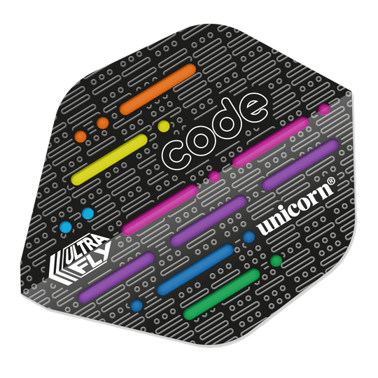 68959_p1 Das Bild zeigt ein Dart-Flight mit dem Namen „Unicorn Ultrafly 75 AR Type 1 Code DNA“. Das Design ist schwarz mit bunten Linien und den weißen Aufschriften „code“, „unicorn“ und „Ultra FLY“.