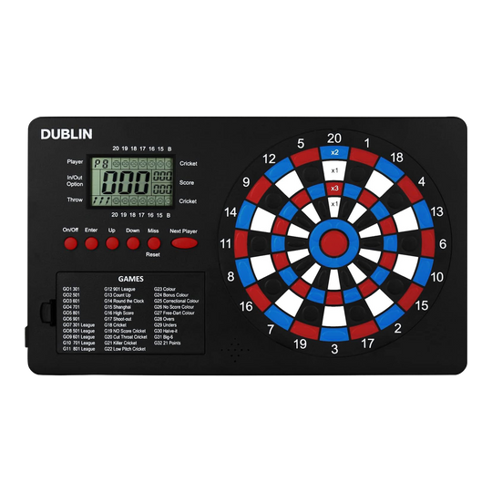 XQMax Dublin Dart Counter Das Bild zeigt den "XQMax Dublin Dart Counter", ein elektronisches Dartspiel mit eingebautem Punktezähler. Links befindet sich ein digitales Display und Tasten zur Spielsteuerung, rechts das bunte Dartboard mit verschiedenen Zahlenfeldern.