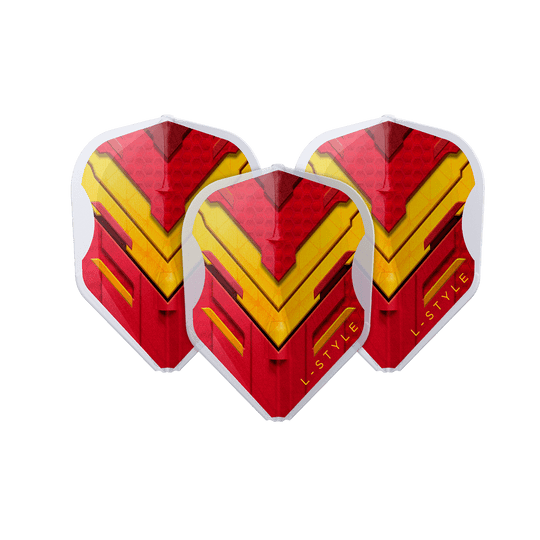 Das Bild zeigt drei Dart-Flights mit einem auffälligen roten und gelben Muster. Auf den Flights steht in gelber Schrift "L-STYLE".