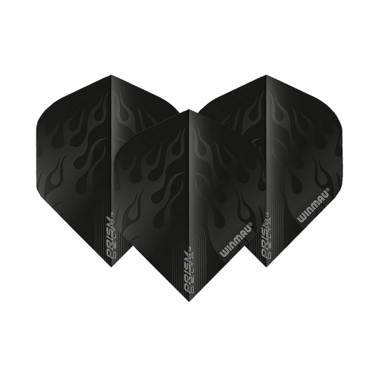 Das Bild zeigt drei schwarze Dart-Flights des Modells "Winmau Prism Delta 6915.202 Standard". Die Flights haben ein Flammenmuster und das Winmau-Logo ist darauf zu sehen.