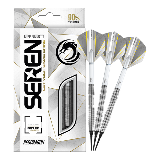 Das Bild zeigt die Red Dragon Seren 3 Pure Softdarts mit 20g Gewicht. Die Verpackung hebt hervor, dass die Darts zu 90% aus Tungsten bestehen.