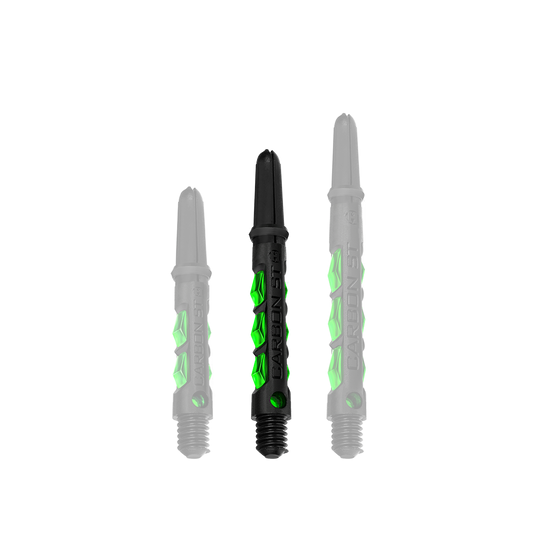 HR423_Harrows_Carbon_ST_Shafts_Gr-n_40mm_1 Harrows Carbon ST Shafts im Set abgebildet. Die Oberfläche erscheint glatt und robust.
