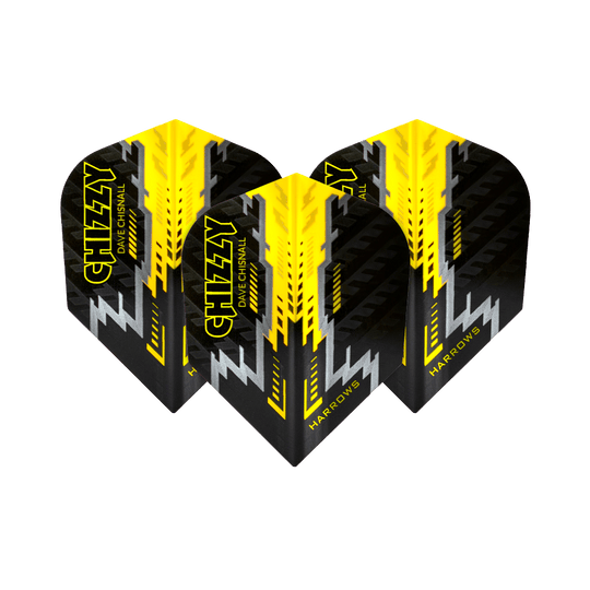 Das Bild zeigt vier Dartflights des Modells „Harrows Dave Chisnall Prime Schwarz Gelb No6“. Die Flights sind in Schwarz, Gelb und Silber gestaltet und tragen den Schriftzug „CHIZZY“.