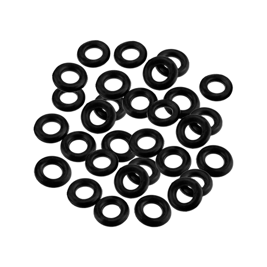 Auf dem Bild sind mehrere schwarze Harrows Clic O-Rings zu sehen. Sie sind kreisförmig und liegen lose auf einer Fläche verteilt.