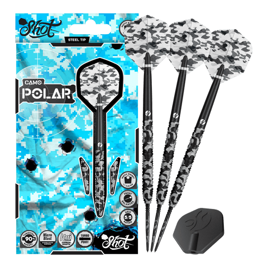 Shot Camo Polar Turbo Point Steeldarts Shot Camo Polar Turbo Point Steeldarts sind Dartpfeile im Tarnmuster. Sie liegen nebeneinander auf hellem Hintergrund.