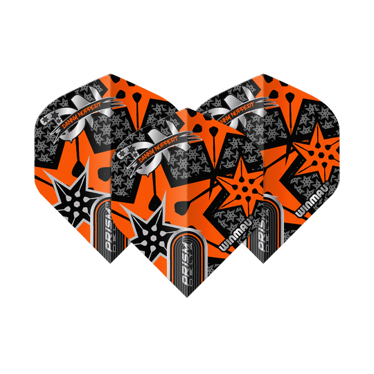Winmau Prism Delta Danny Noppert Orange Signature No2 Standard Flights Das Bild zeigt drei Dart-Flights mit auffälligem orange-schwarzem Design. Auf den Flights steht "Danny Noppert" und "Winmau Prism Delta".