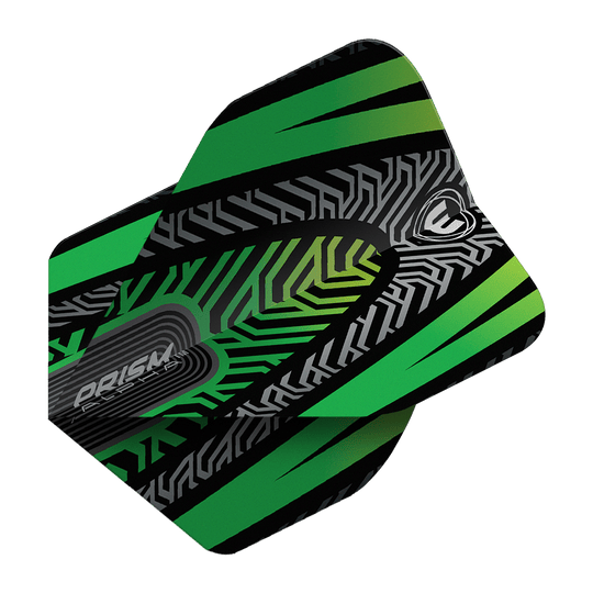 Dieses Bild zeigt ein Winmau Prism Alpha Schwarz Grün No2 Standard Dartflight. Das Flight hat ein modernes Muster in Schwarz, Grün und Grau.