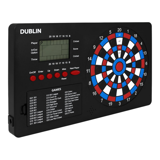 XQMax Dublin Dart Counter Das Bild zeigt den "XQMax Dublin Dart Counter", ein elektronisches Dartboard mit digitalem Display. Auf dem Gerät befinden sich zahlreiche Tasten zur Bedienung und eine Übersicht verschiedener Dartspiele.