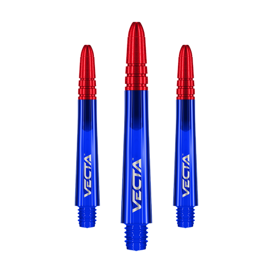 Auf dem Bild sind drei Dartschäfte in leuchtendem Blau mit roten Spitzen zu sehen. Auf jedem Schaft steht das Wort "VECTA" in weißer Schrift.