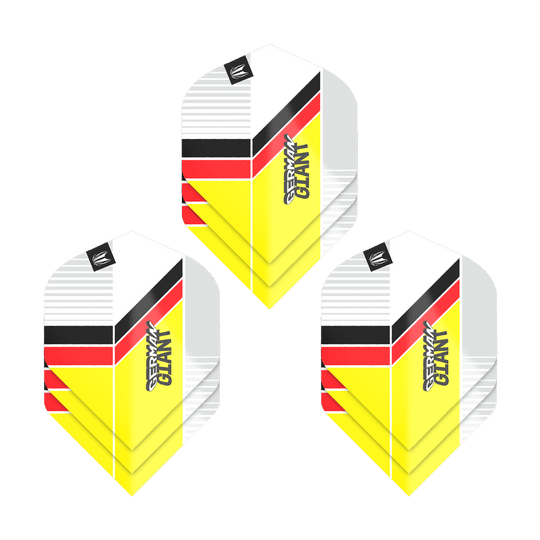 Target Pro Ultra Gabriel Clemens No2 Standard Flights - 3 Sets Das Bild zeigt drei Sets von Target Pro Ultra Gabriel Clemens No2 Standard Flights. Die Flights sind in den Farben Gelb, Rot, Schwarz und Weiß gestaltet und tragen den Schriftzug "German Giant".