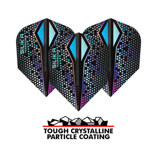 Das Bild zeigt drei Harrows Silika Colourshift Tough Crystalline Coating Silver-X No6 Flights. Unten im Bild steht "TOUGH CRYSTALLINE PARTICLE COATING" mit einer Grafik von Kristallen.