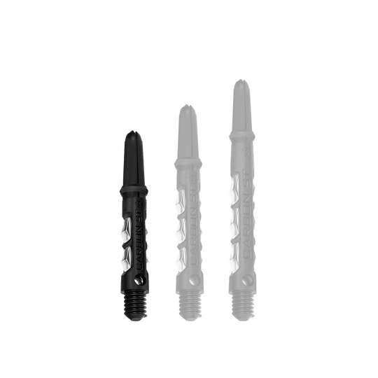 Das Bild zeigt drei Harrows Carbon ST Shafts in transparenter Ausführung. Sie sind in unterschiedlichen Längen zu sehen und haben ein schwarzes und klares Design.