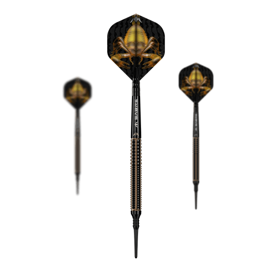 Das Bild zeigt drei Softdarts des Produkts "Mission Scorpion Softdarts - 19g". Die Flights der Darts sind schwarz mit einem auffälligen gelben Skorpion-Motiv gestaltet.