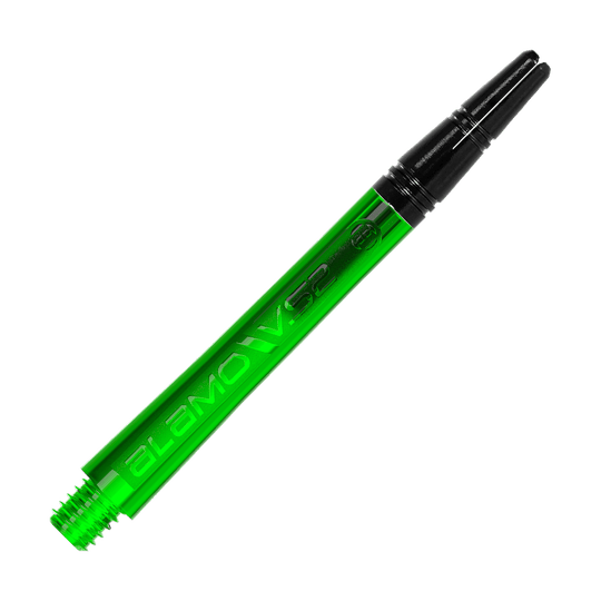 Harrows Alamo VS2 Shafts - Green Dies ist ein grüner Dart-Schaft mit der Aufschrift "ALAMO VS2". Er hat ein schwarzes Gewindeende und misst 46 mm.