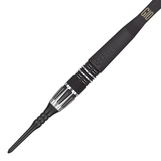Target Phil Taylor Power 9Five GEN10 soft darts Das Bild zeigt einen modernen Softdartpfeil mit schwarzem und silbernem Design. Auf dem Griffstück steht die Aufschrift "G10".