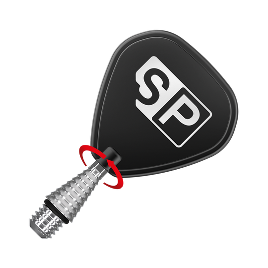 380180_Target_Titanium_Swiss_Point_Grooved_Conversion_Points_Silber_3 Das Bild zeigt eine schwarze Dartflightscheibe mit der weißen Aufschrift "SP". Am unteren Rand ist eine silberne, gerillte Dartspitze zu sehen.