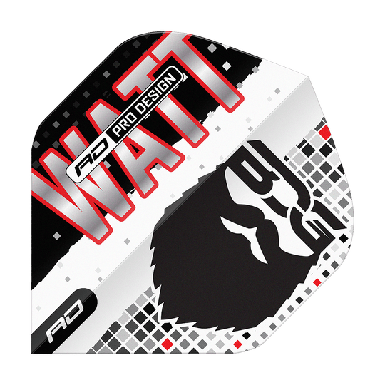 Das Bild zeigt das Produkt "Red Dragon Hardcore Jason Watt BDG Premium No2 Standard Flights". Auf dem Flight sind der Name "WATT", ein stilisiertes Gesicht und das Logo "RD" zu sehen.
