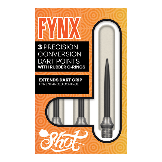 Das Foto zeigt die Shot Fynx Conversion Points, 32 mm lang. Diese Dartspitzen ermöglichen ein einfaches Umwechseln der Pointen.