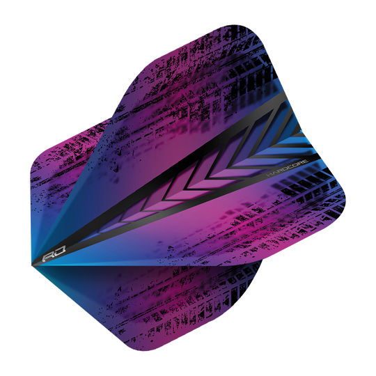 Das Bild zeigt das Produkt "Red Dragon Hardcore Standard Flights 6334". Das Flight hat ein modernes Design in Lila-, Blau- und Schwarztönen mit grafischen Mustern.