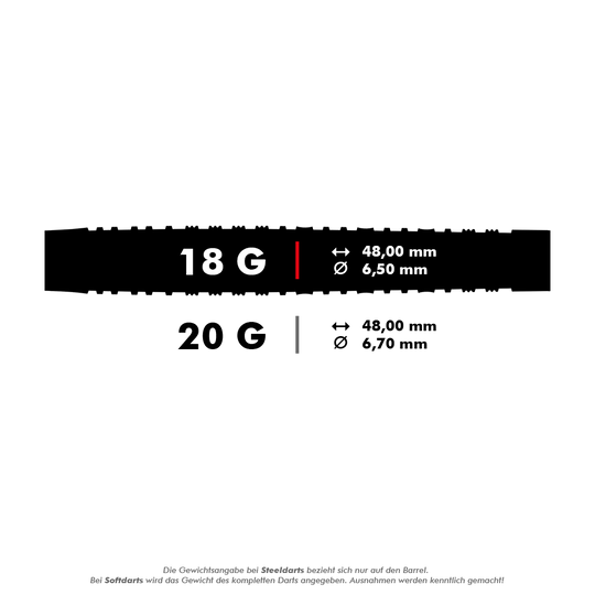 Harrows NX90 Black Edition soft darts Das Bild zeigt zwei Dart-Gewichte und ihre Maße. Die 18g-Darts haben einen Durchmesser von 6,5 mm, die 20g-Darts von 6,7 mm, beide sind 48 mm lang.
