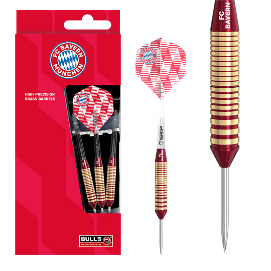 Bulls FC Bayern Munich Brass Steel Darts - 21g Abgebildet sind die Bulls FC Bayern München Brass Steeldarts mit einem Gewicht von 21g. Das Produkt ist ideal für Fans des FC Bayern München und Steeldartspieler.
