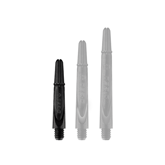 Das Bild zeigt drei schwarze Harrows Carbon 360 Shafts in unterschiedlichen Längen. Sie sind nebeneinander aufgereiht und haben ein schlichtes, modernes Design.
